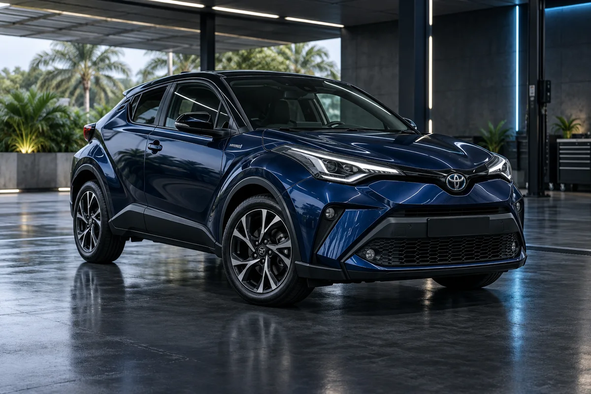 Toyota C-HR hybride bleu nuit dans l'atelier Rassur'Car